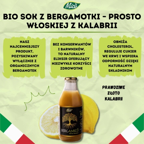 Sok BIO 100% Bergamotka NFC 750ml, prosto z Kalabrii, Eko plantacja MICO