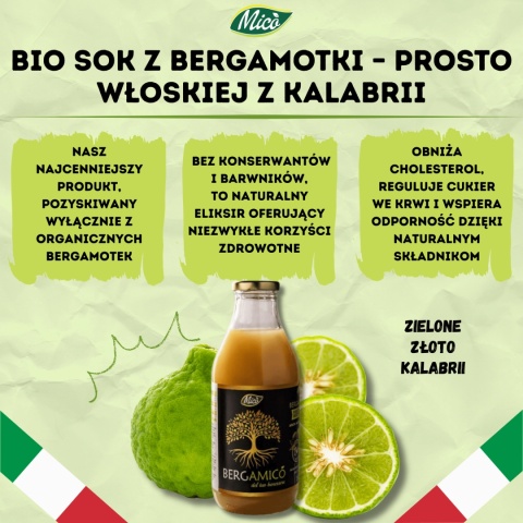 Sok BIO 100% Bergamotka NFC 750ml, prosto z Kalabrii, Eko plantacja MICO