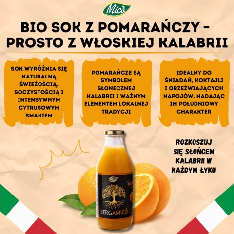 Sok NFC pomarańcza 750ml , prosto z Kalabrii, Eko plantacja MICO